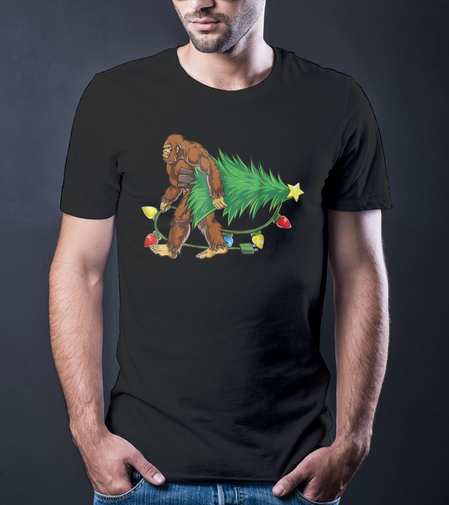 Bigfoot Sasquatch Christmas Tree With Lights Santa4 T-Shirt