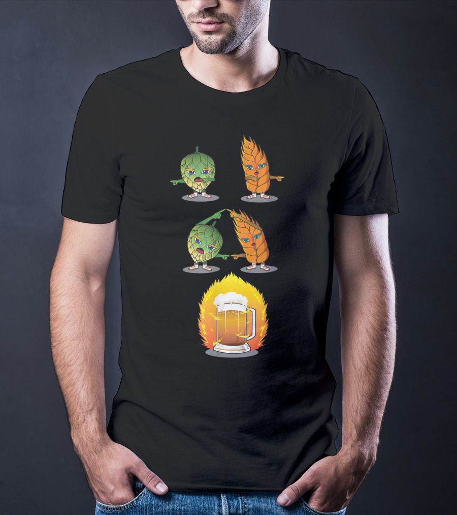 Funny Beer Fusion Hop And Malt Characters With Beer Mug Explosion T-Shirt