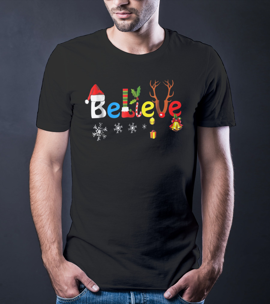 Believe Funny Christmas Santa Elf Reindeer Holiday Icons T-Shirt