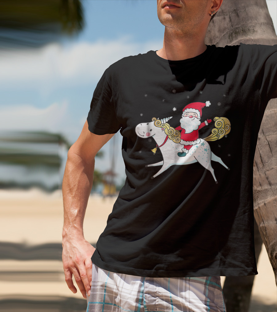 Funny Santa Claus Riding A Unicorn Christmas Noel T-Shirt