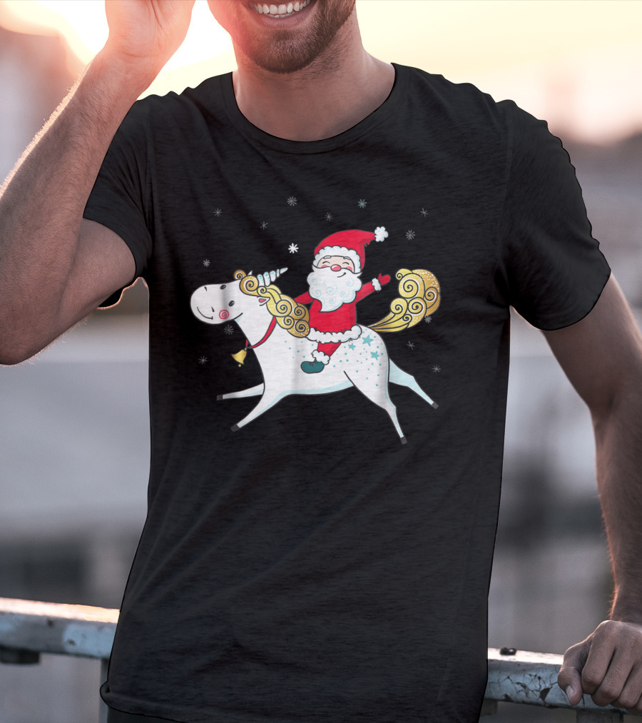 Funny Santa Claus Riding A Unicorn Christmas Noel T-Shirt