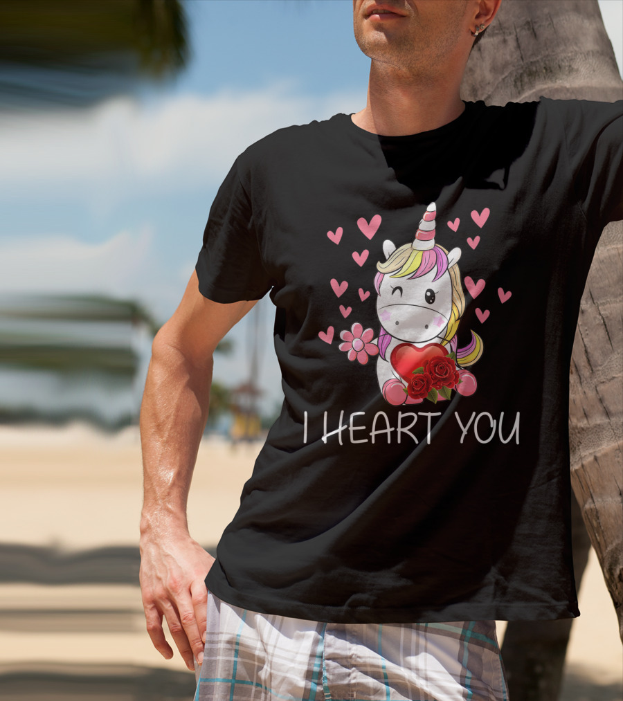 Girls Cute Unicorn I Heart You Valentines Day Hearts Roses T-Shirt