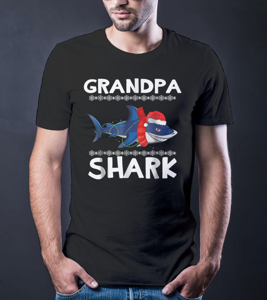 Grandpa Shark Christmas With Santa Hat And Holiday Lights T-Shirt