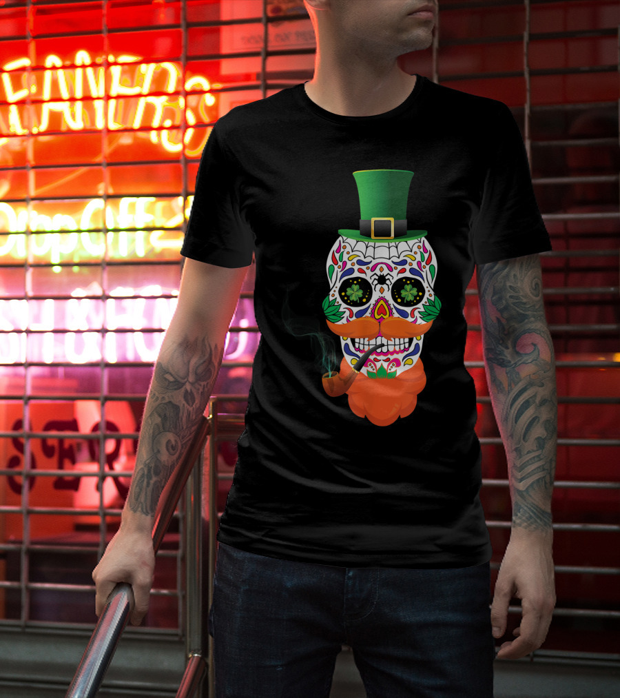 Irish Sugar Skull Leprechaun St Patricks Day Clover Pipe Hat Colorful T-Shirt