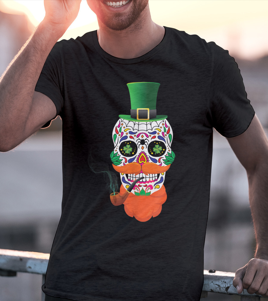 Irish Sugar Skull Leprechaun St Patricks Day Clover Pipe Hat Colorful T-Shirt