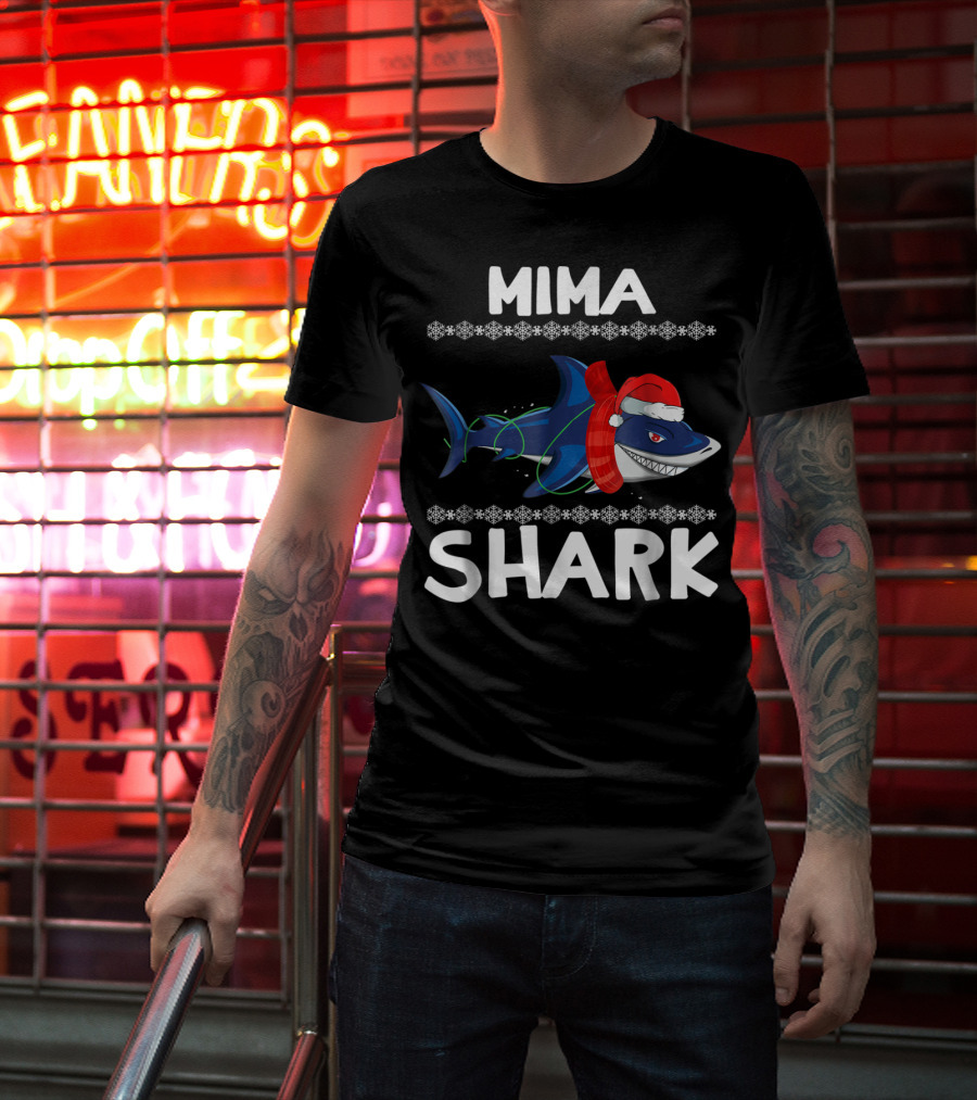 Mima Shark Christmas Family Santa Hat Snowflakes T-Shirt