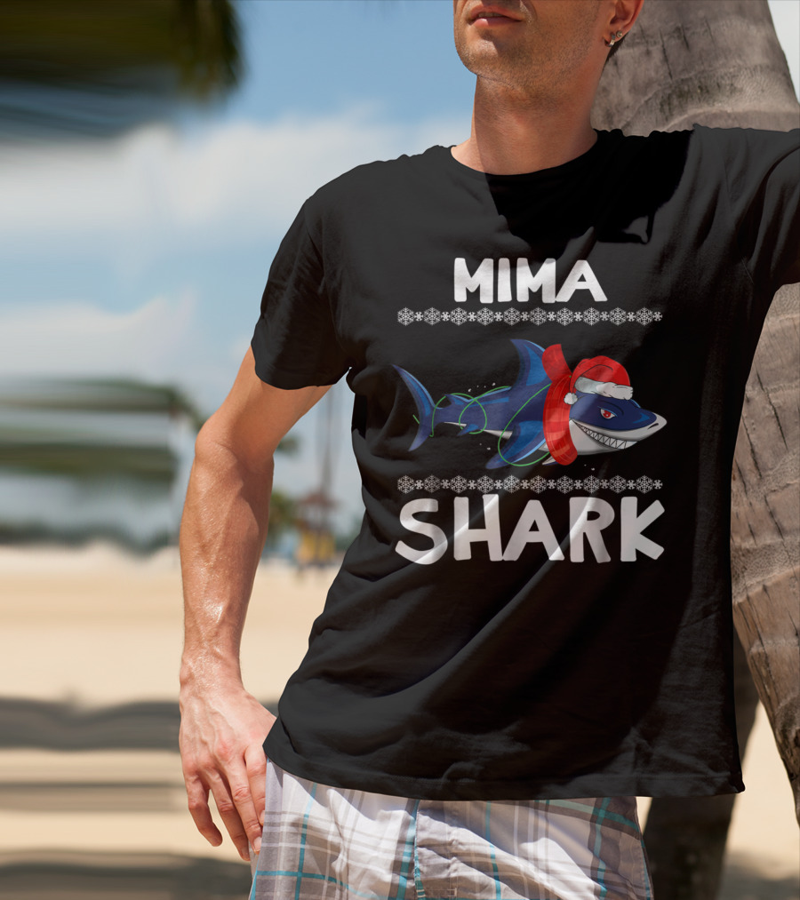 Mima Shark Christmas Family Santa Hat Snowflakes T-Shirt