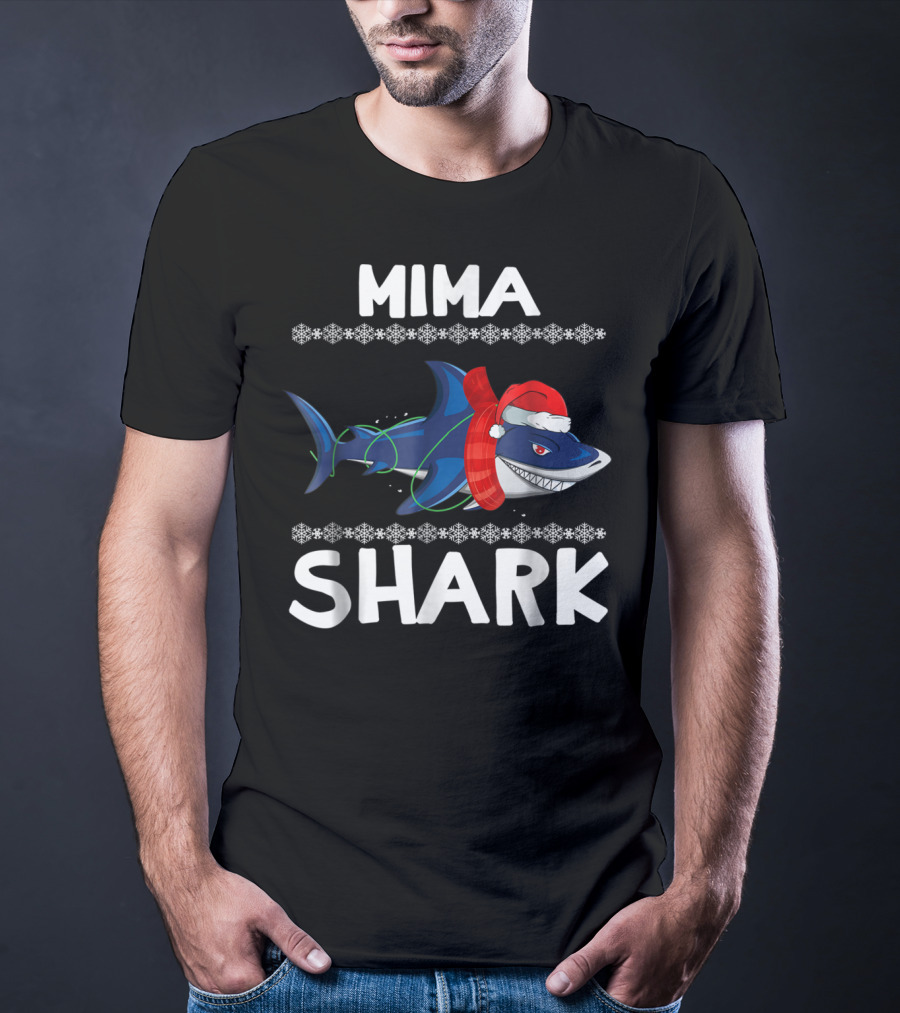Mima Shark Christmas Family Santa Hat Snowflakes T-Shirt