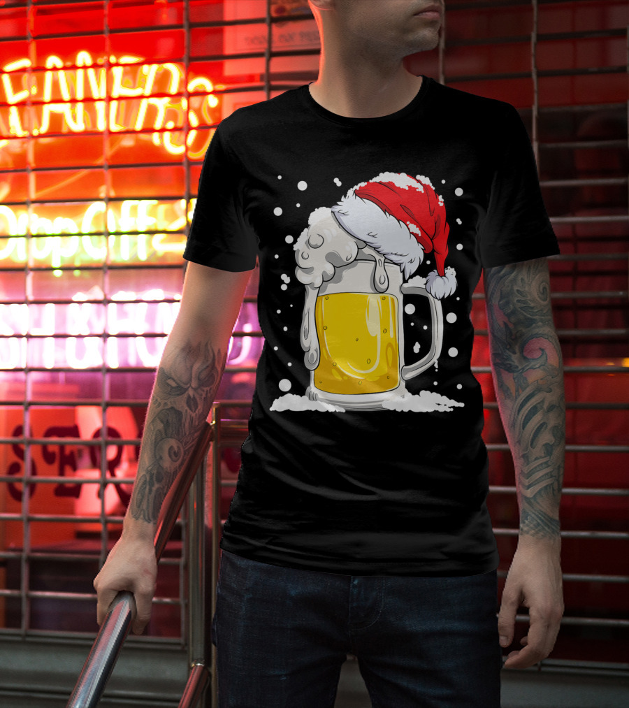 Beer Mug Wearing Santa Hat Surrounded By Snowflakes T-Shirt