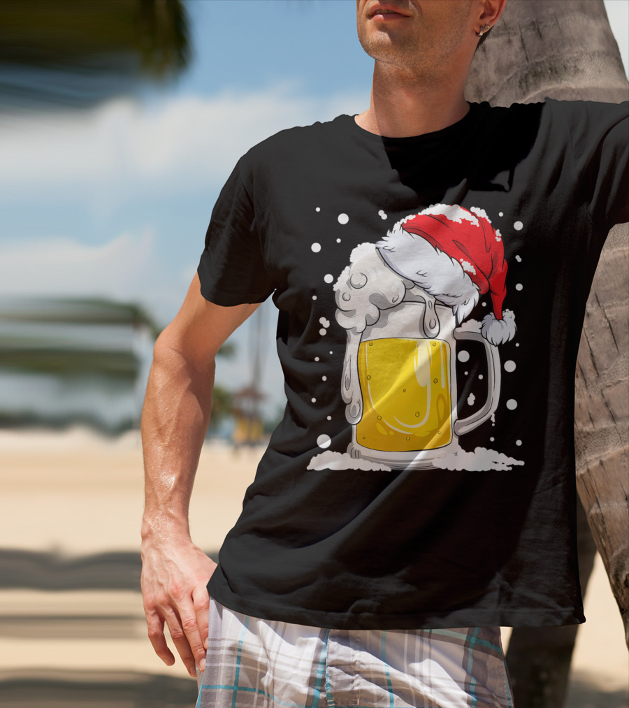 Beer Mug Wearing Santa Hat Surrounded By Snowflakes T-Shirt