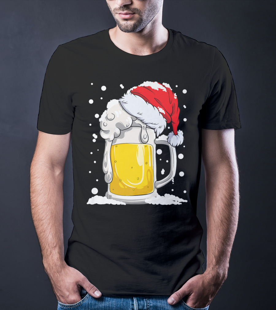 Beer Mug Wearing Santa Hat Surrounded By Snowflakes T-Shirt