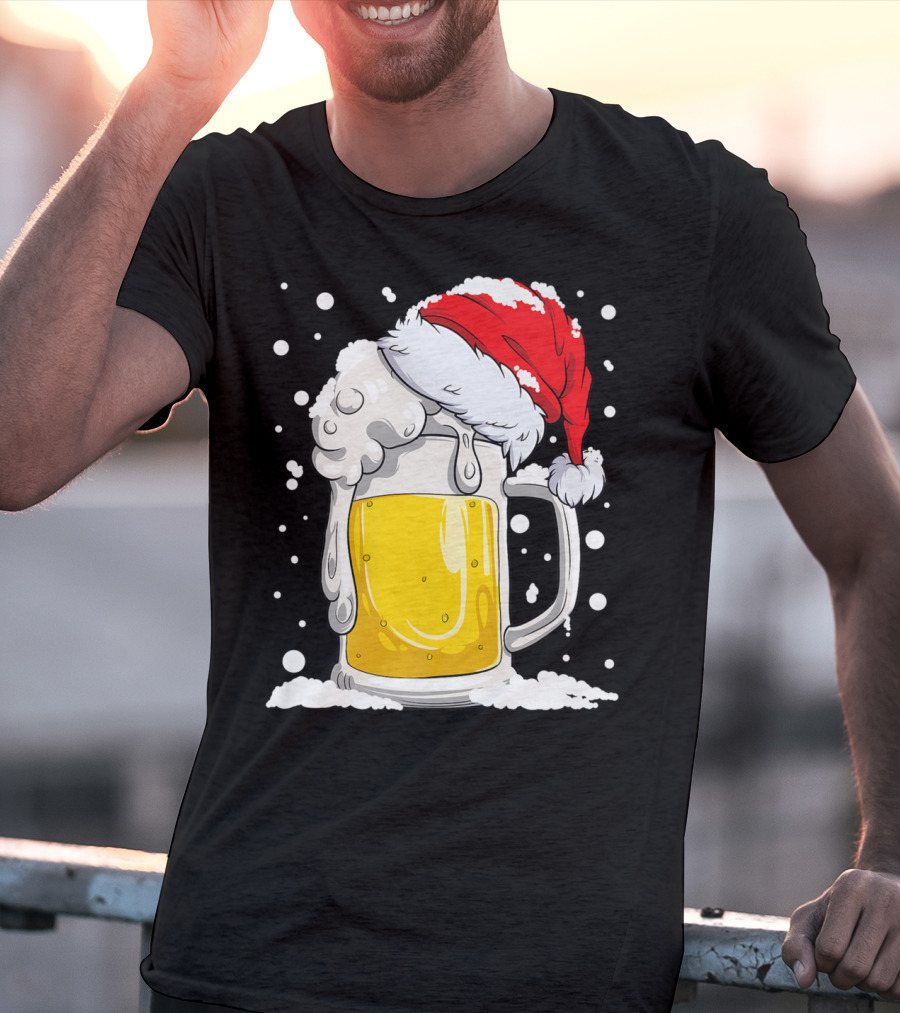 Beer Mug Wearing Santa Hat Surrounded By Snowflakes T-Shirt