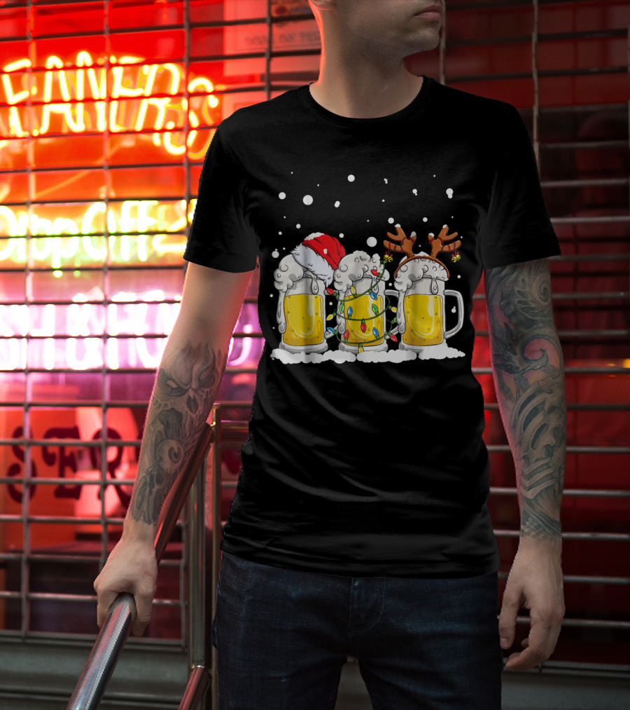 Beer Christmas Santa Hat Reindeer Antlers Xmas Lights T-Shirt