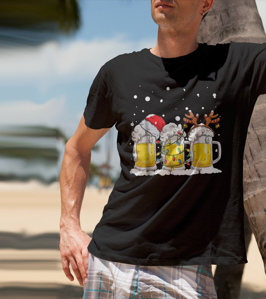 Beer Christmas Santa Hat Reindeer Antlers Xmas Lights T-Shirt