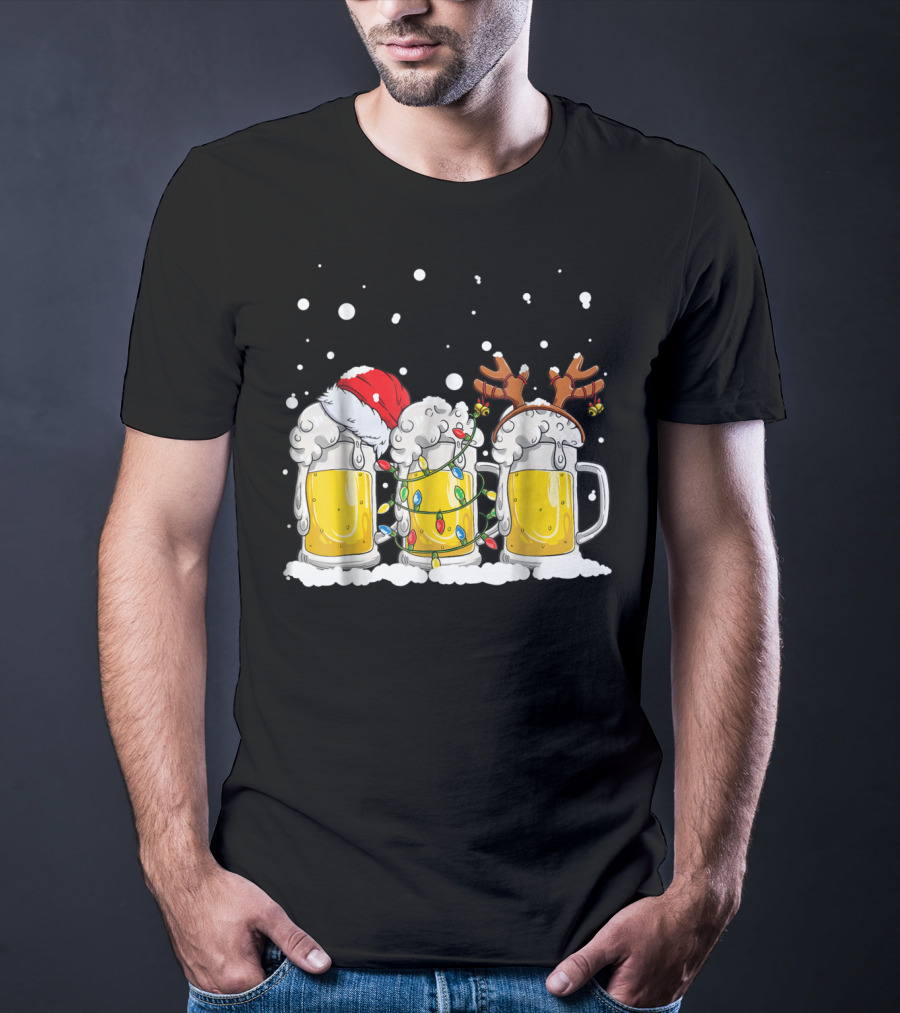 Beer Christmas Santa Hat Reindeer Antlers Xmas Lights T-Shirt