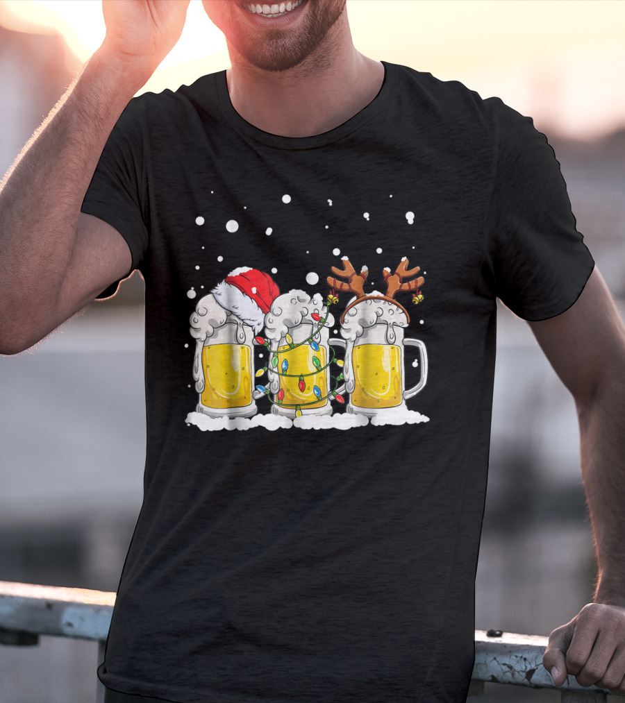 Beer Christmas Santa Hat Reindeer Antlers Xmas Lights T-Shirt