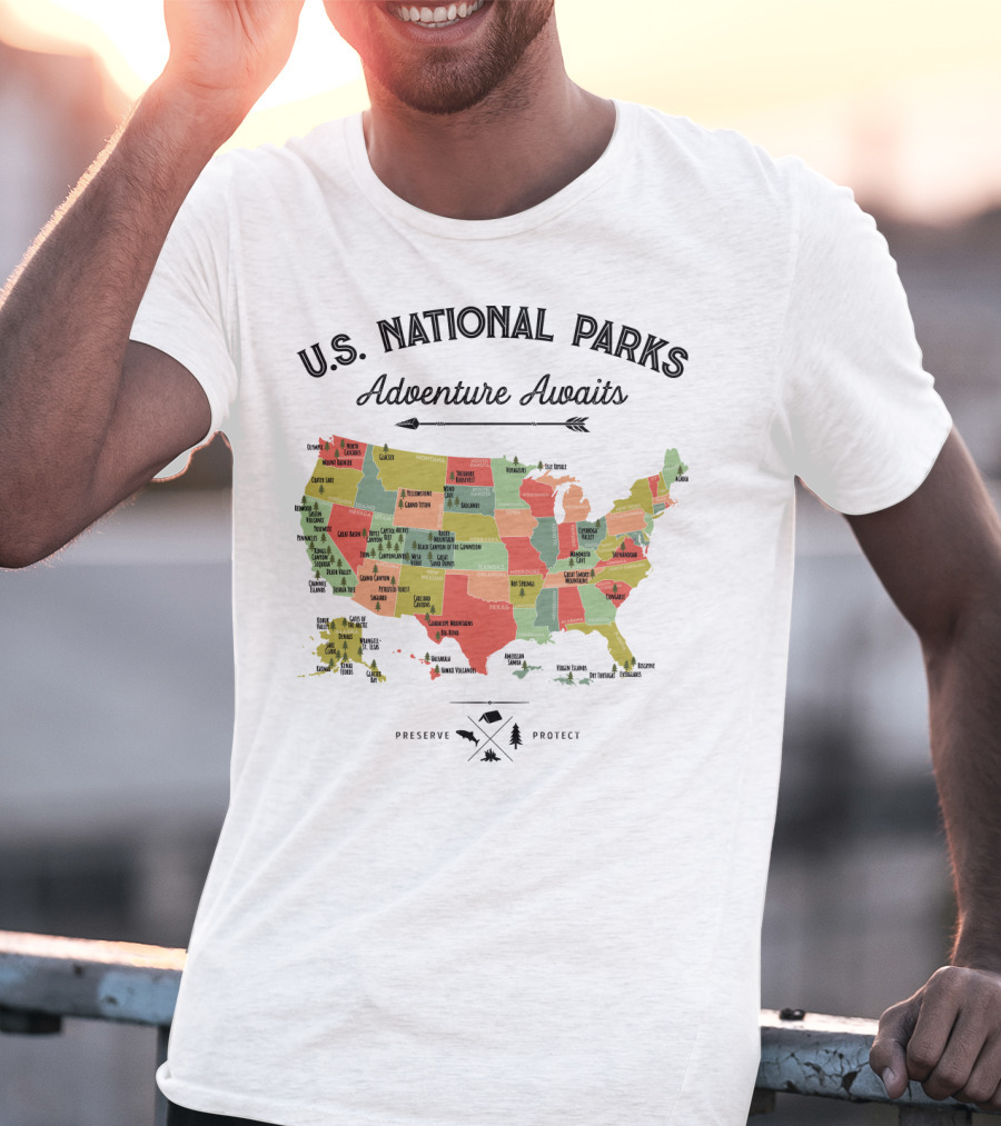 U.S. National Parks Adventure Awaits Map Preserve Protect Vintage Camping Hiking 59 US T-Shirt