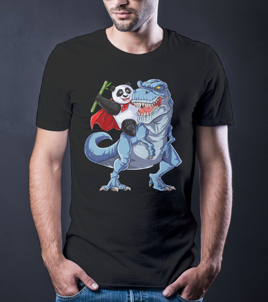 Panda Riding Dinosaur Rex Funny Pandas Bear 3 T-Shirt