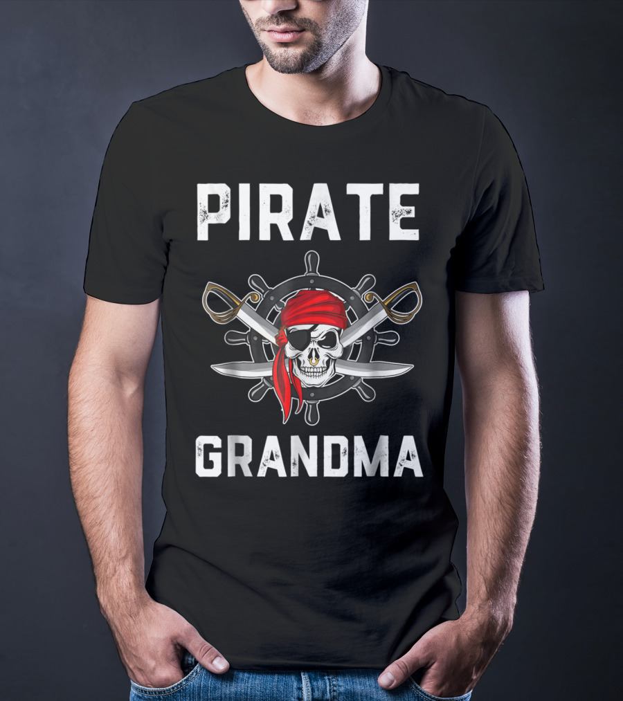 Pirate Grandma Skull Bandana Wheel Crossed Swords T-Shirt