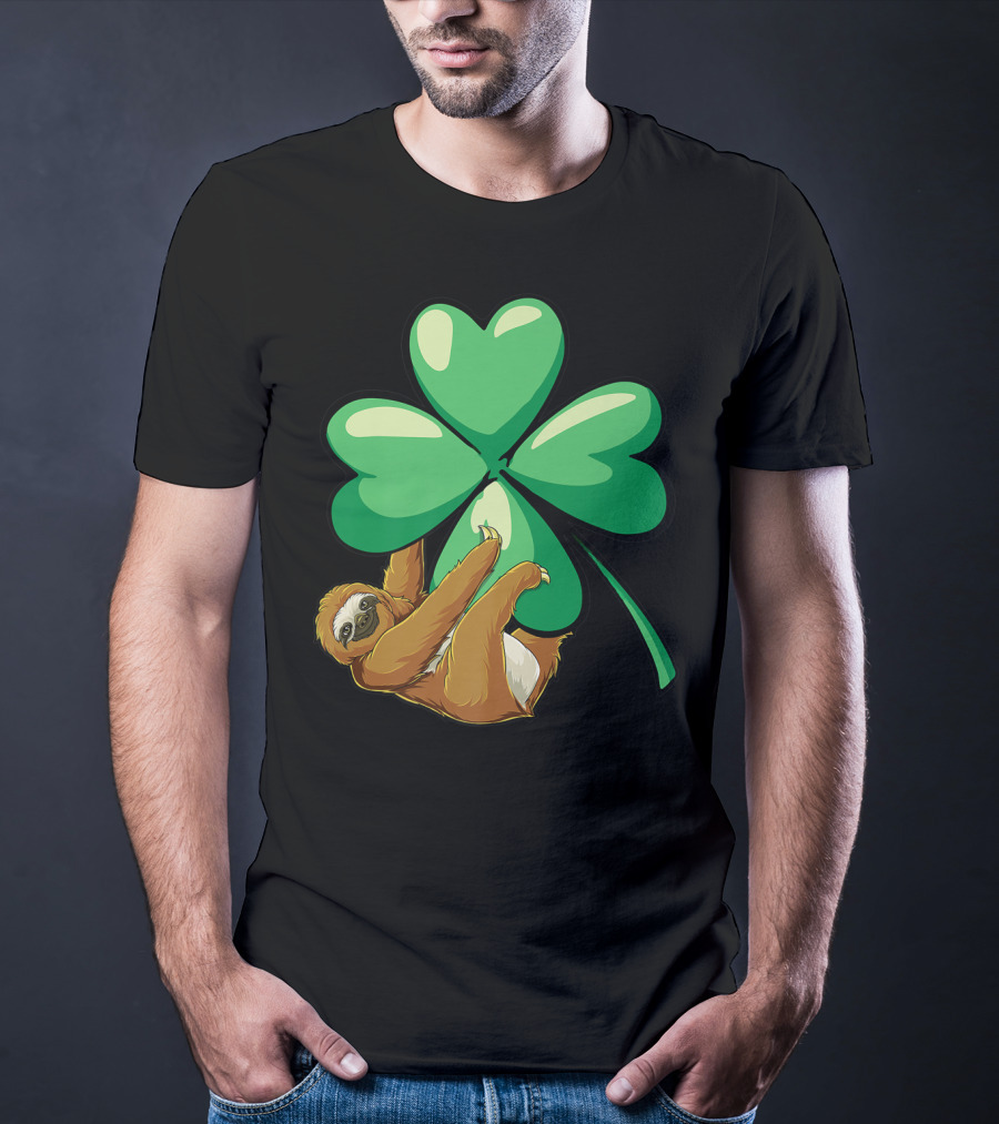 Sloth Hugging Shamrock St Patricks Day Women Girls Lucky Charm T-Shirt