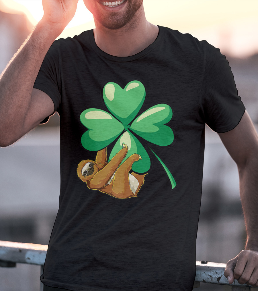 Sloth Hugging Shamrock St Patricks Day Women Girls Lucky Charm T-Shirt