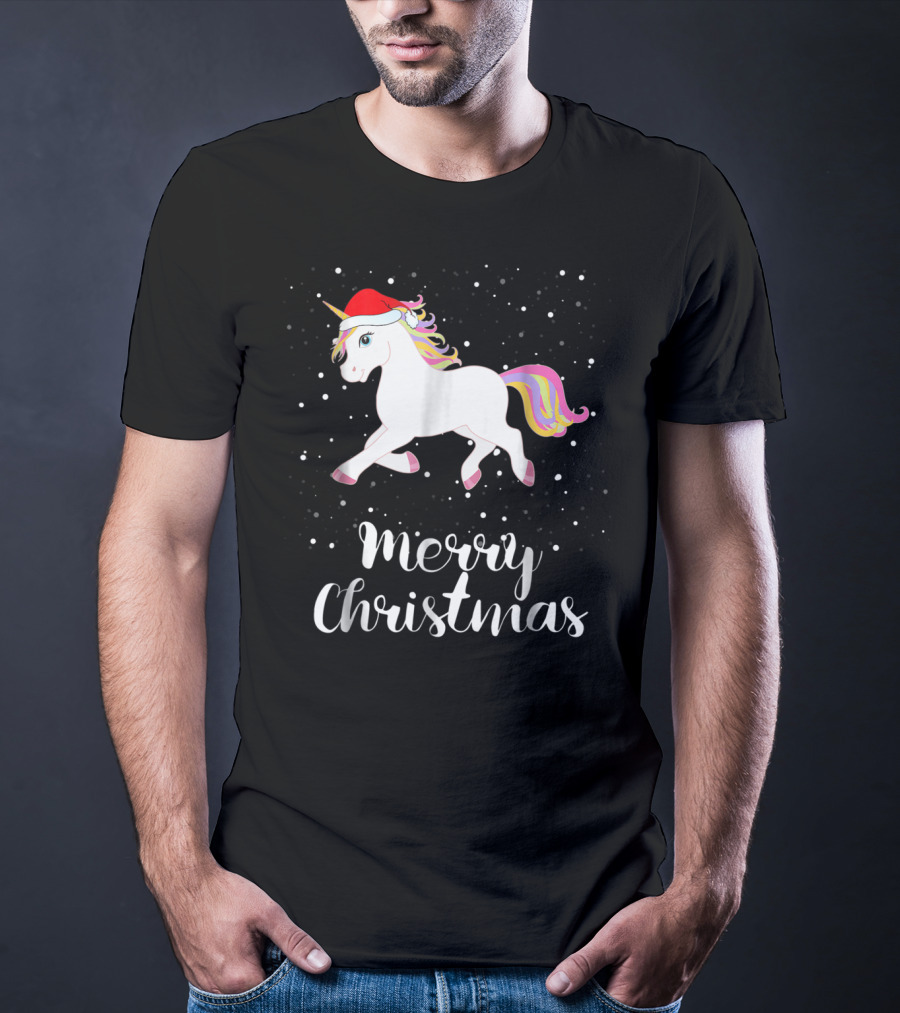 Merry Christmas Unicorn Santa Hat Family Group Matching T-Shirt