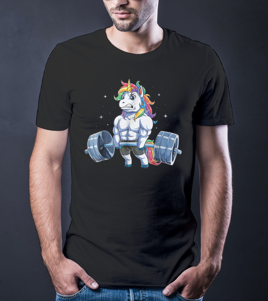 Unicorn Weightlifting Fitness Gym Deadlift Rainbow13 Muscular Mythical Beast Lifting Barbell T-Shirt