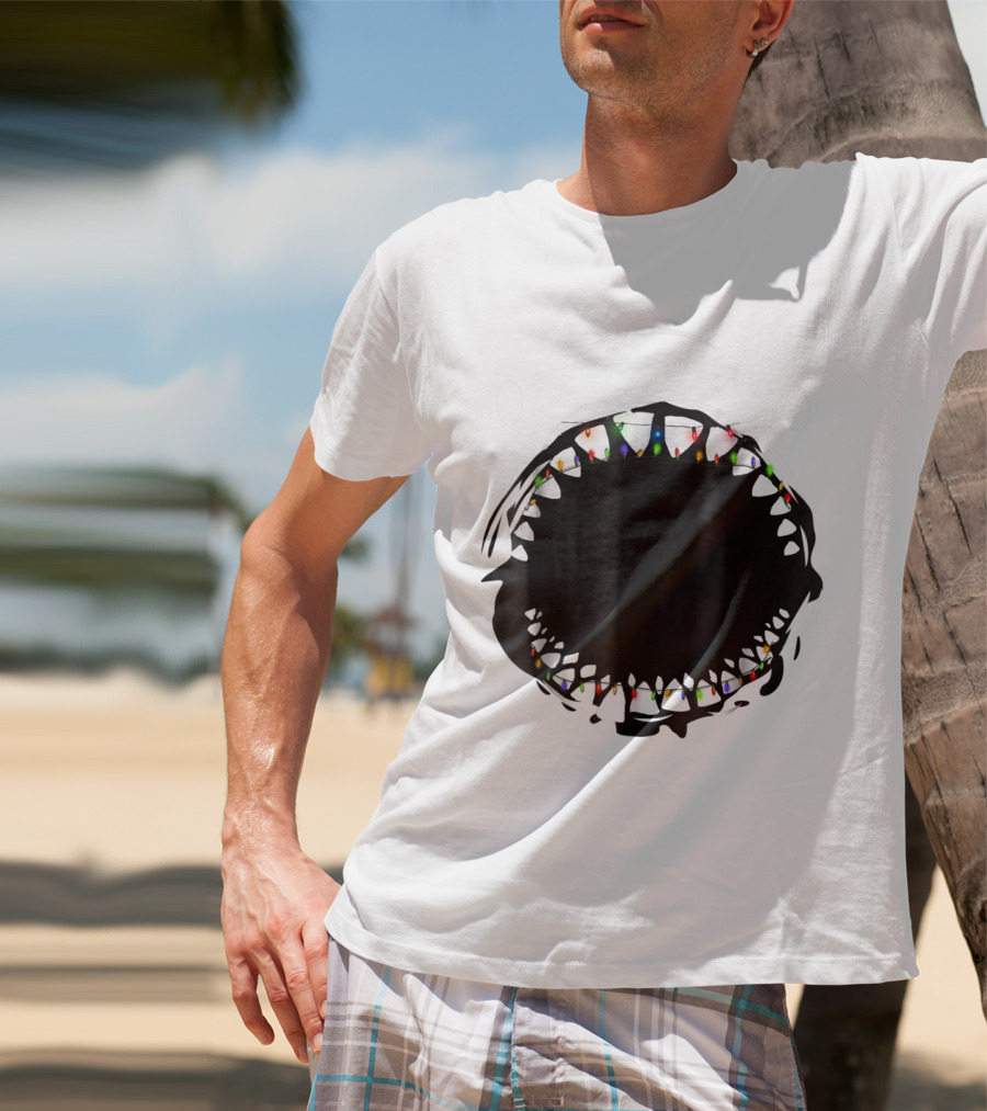 Shark Face With Christmas Lights Xmas Shark T-Shirt