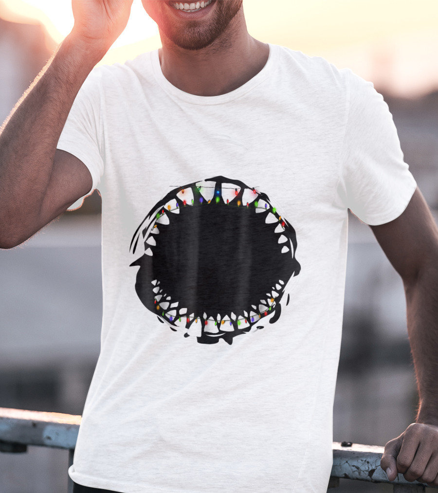 Shark Face With Christmas Lights Xmas Shark T-Shirt