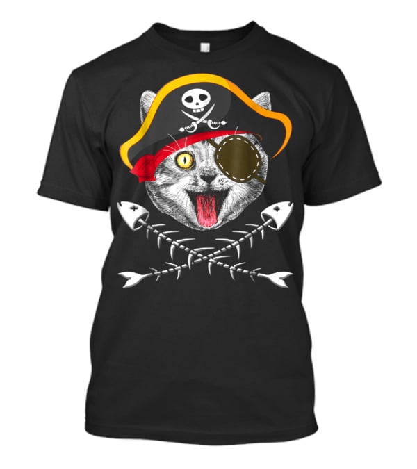 Cat Pirate Jolly Roger Flag Skull Crossbones Eyepatch Fishbones T-Shirt