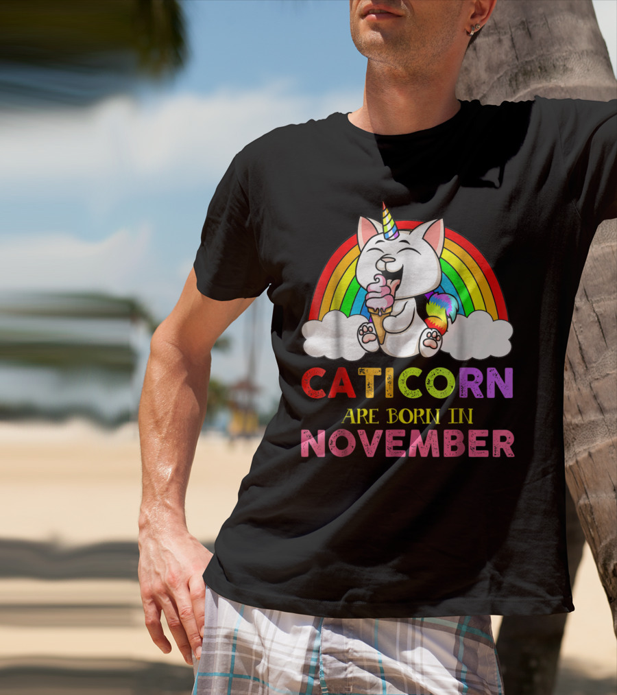 Caticorn Are Born In November Rainbow Ice Cream Cloud Cat Unicorn T-Shirt