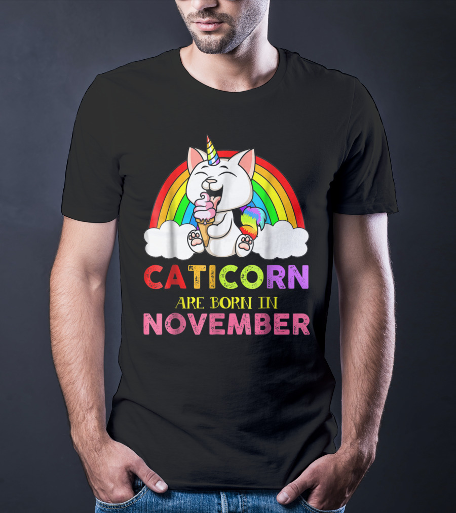 Caticorn Are Born In November Rainbow Ice Cream Cloud Cat Unicorn T-Shirt