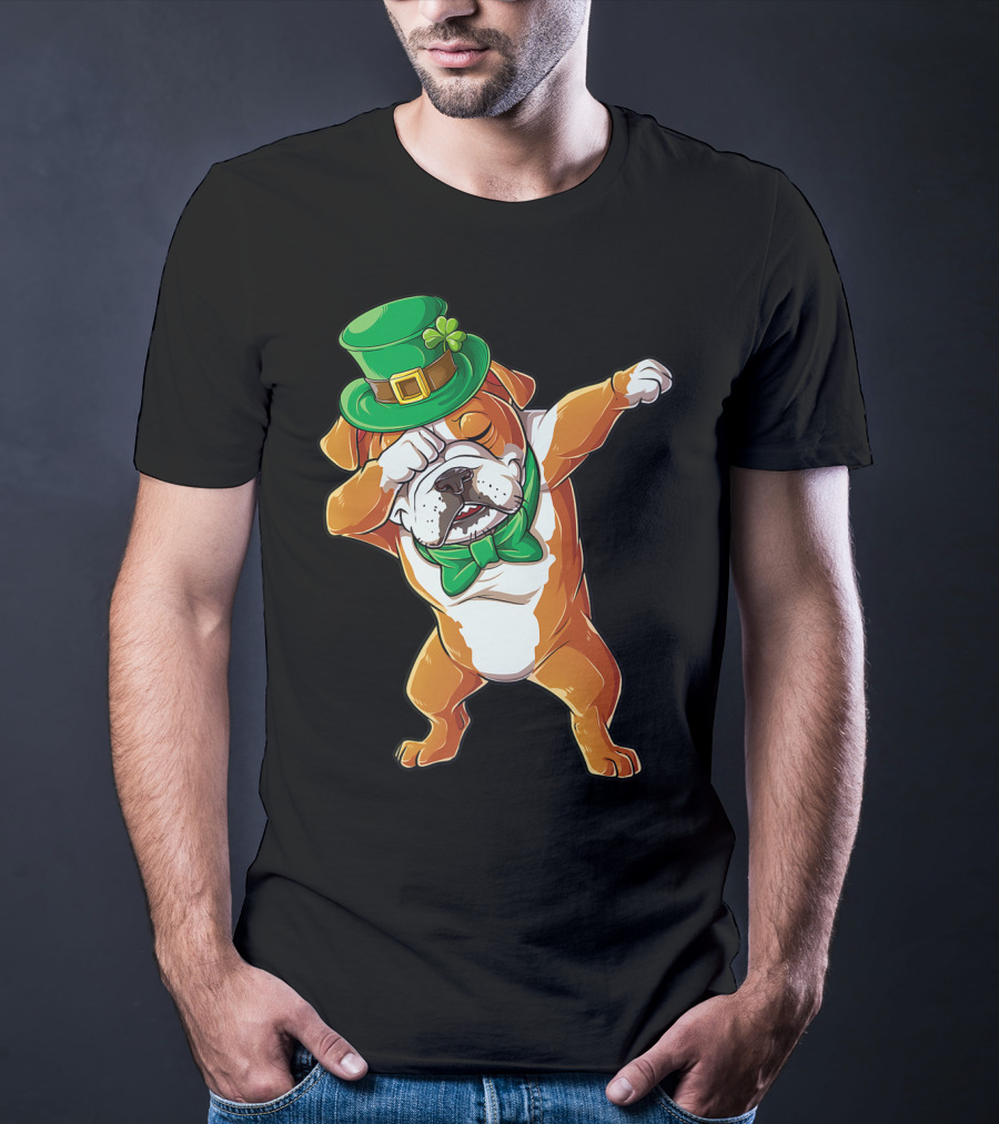 Dabbing English Bulldog St Patricks Day Leprechaun Hat Bow Tie T-Shirt