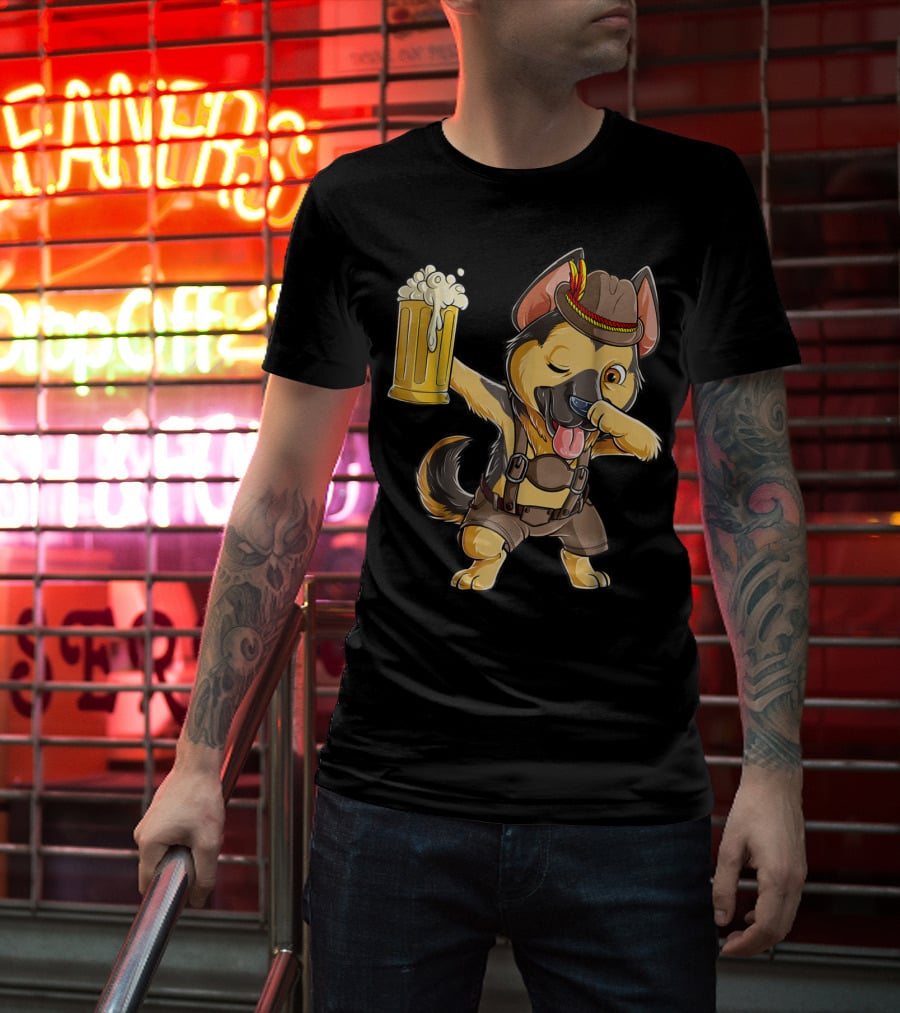 Dabbing German Shepherd Dab Men Prost Drinking Beer Oktoberfest Lederhosen T-Shirt