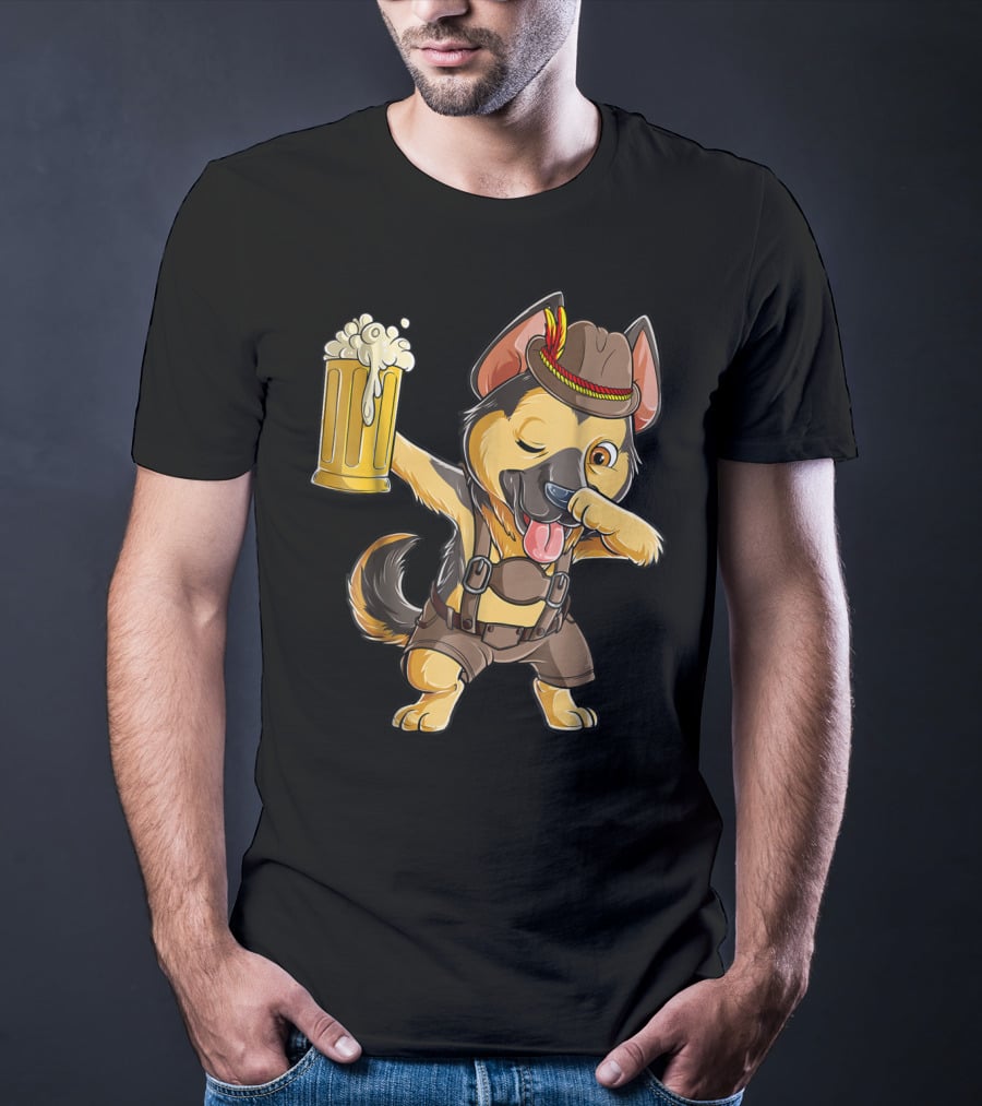 Dabbing German Shepherd Dab Men Prost Drinking Beer Oktoberfest Lederhosen T-Shirt