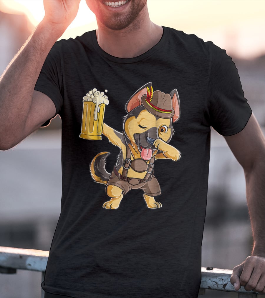 Dabbing German Shepherd Dab Men Prost Drinking Beer Oktoberfest Lederhosen T-Shirt