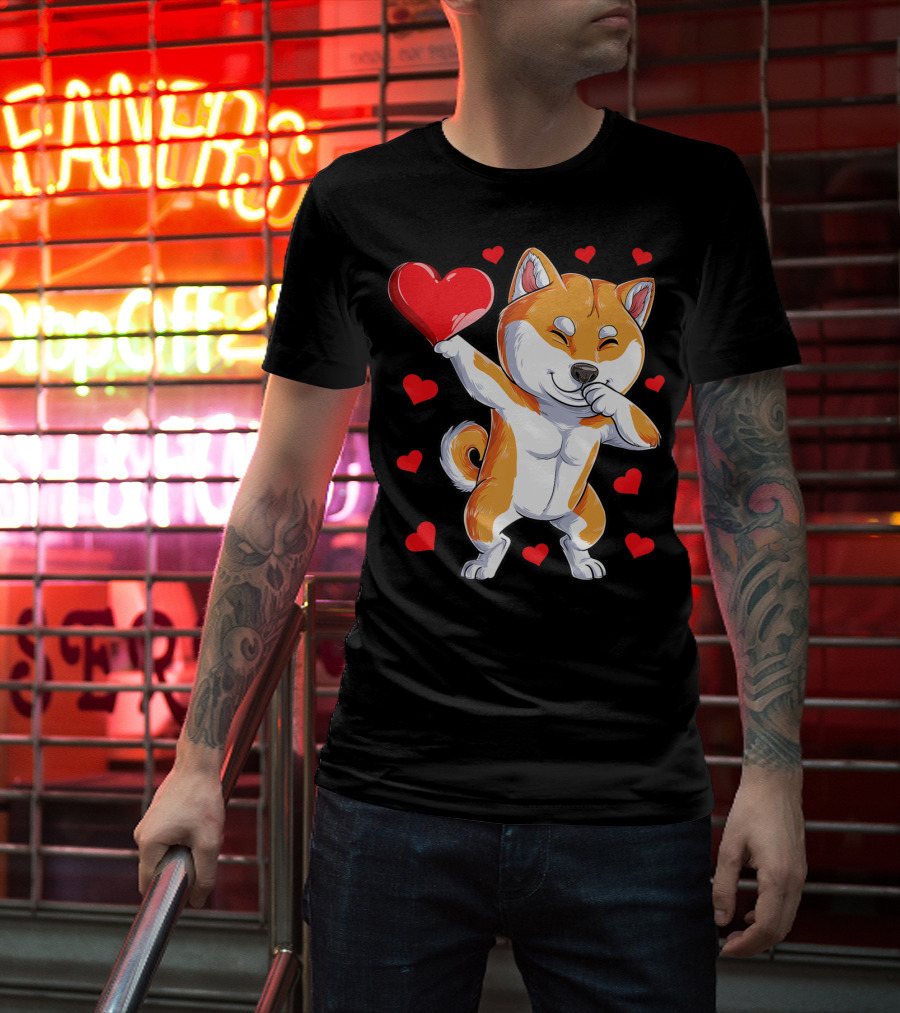 Dabbing Shiba Inu Holding Heart Valentines Day Dog Lover Boys T-Shirt