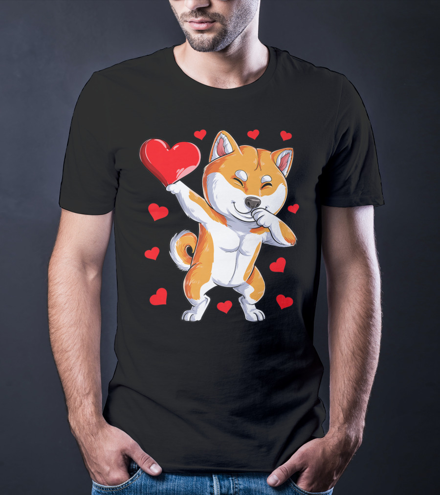 Dabbing Shiba Inu Holding Heart Valentines Day Dog Lover Boys T-Shirt