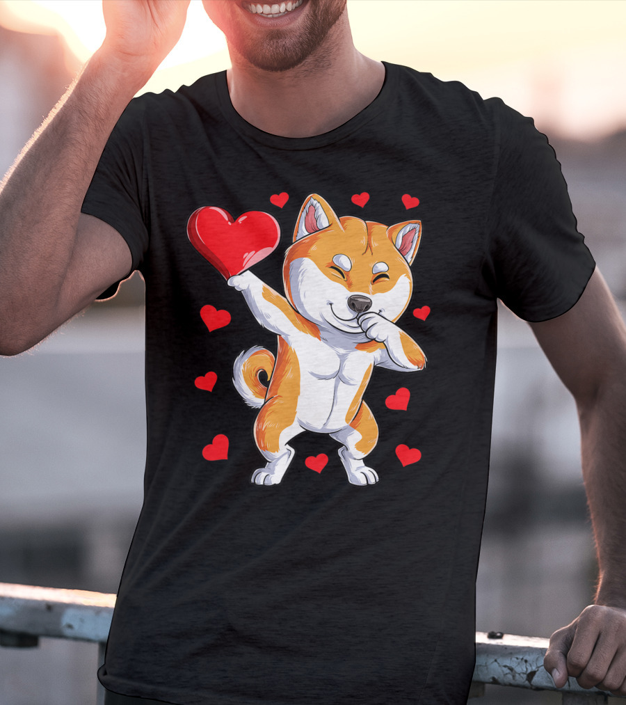 Dabbing Shiba Inu Holding Heart Valentines Day Dog Lover Boys T-Shirt