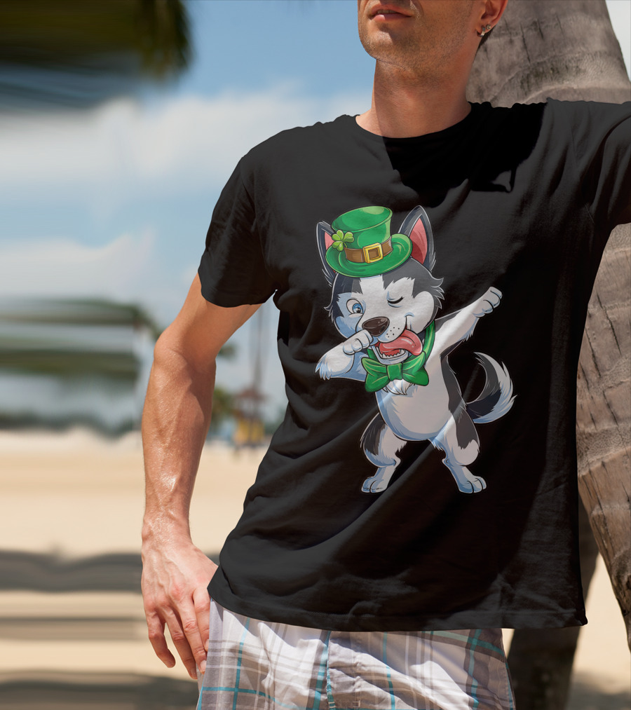 Siberian Husky Dabbing St Patricks Day Leprechaun Hat Bow Tie T-Shirt