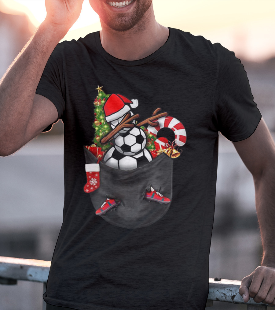 Dabbing Snowman With Soccer Ball And Christmas Decorations In Pocket T-Shirt
