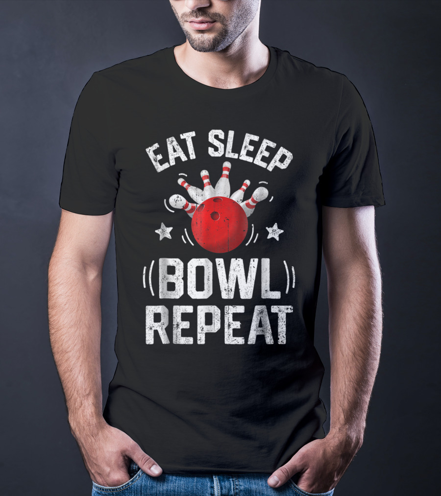 Eat Sleep Bowl Repeat Bowling Pins Stars Bowling Ball T-Shirt