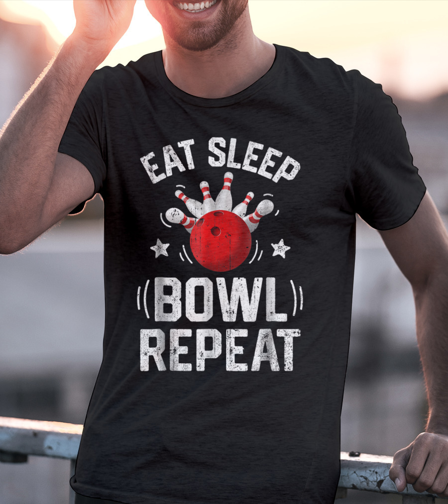 Eat Sleep Bowl Repeat Bowling Pins Stars Bowling Ball T-Shirt