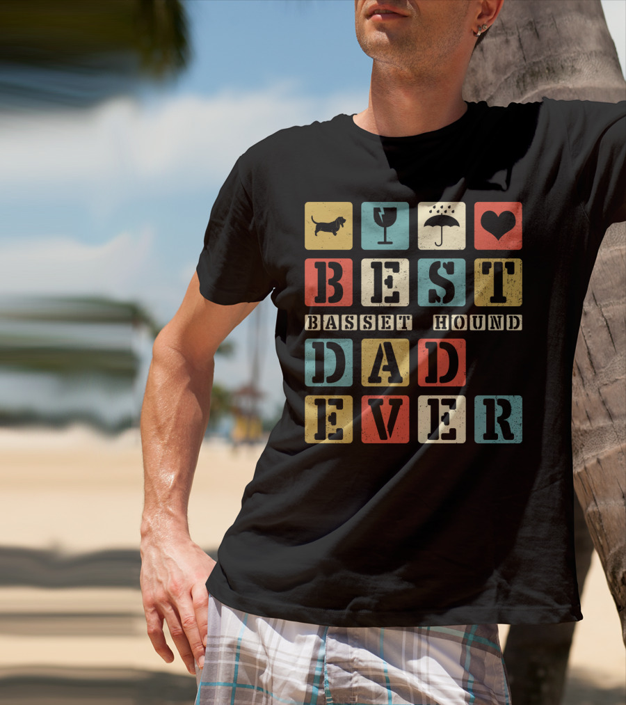 Best Basset Hound Dad Ever Vintage Style76 Retro Blocks T-Shirt