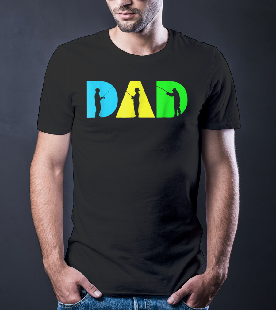 Funny Dad Fishing Silhouette Blue Yellow Green Design Father76 T-Shirt