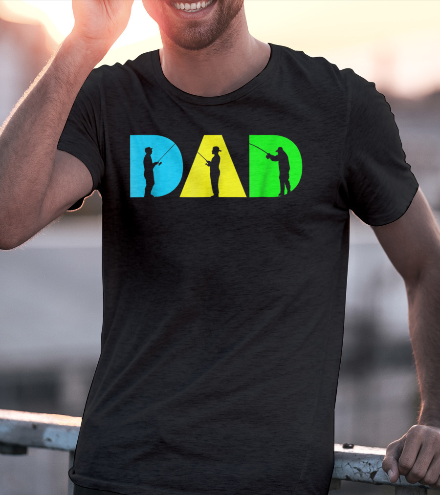 Funny Dad Fishing Silhouette Blue Yellow Green Design Father76 T-Shirt