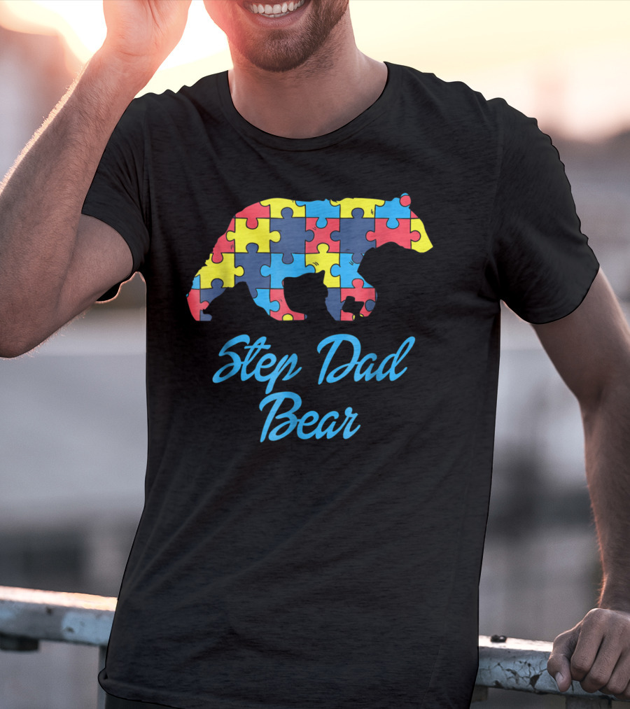 Step Dad Bear Autism Awareness Puzzle T-Shirt