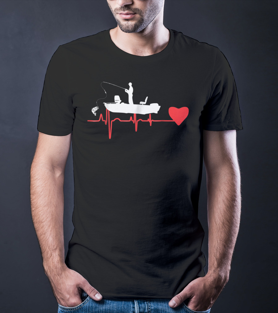 Awesome Fishing Heartbeat For Fishing Dad In A Boat With Red Heart T-Shirt
