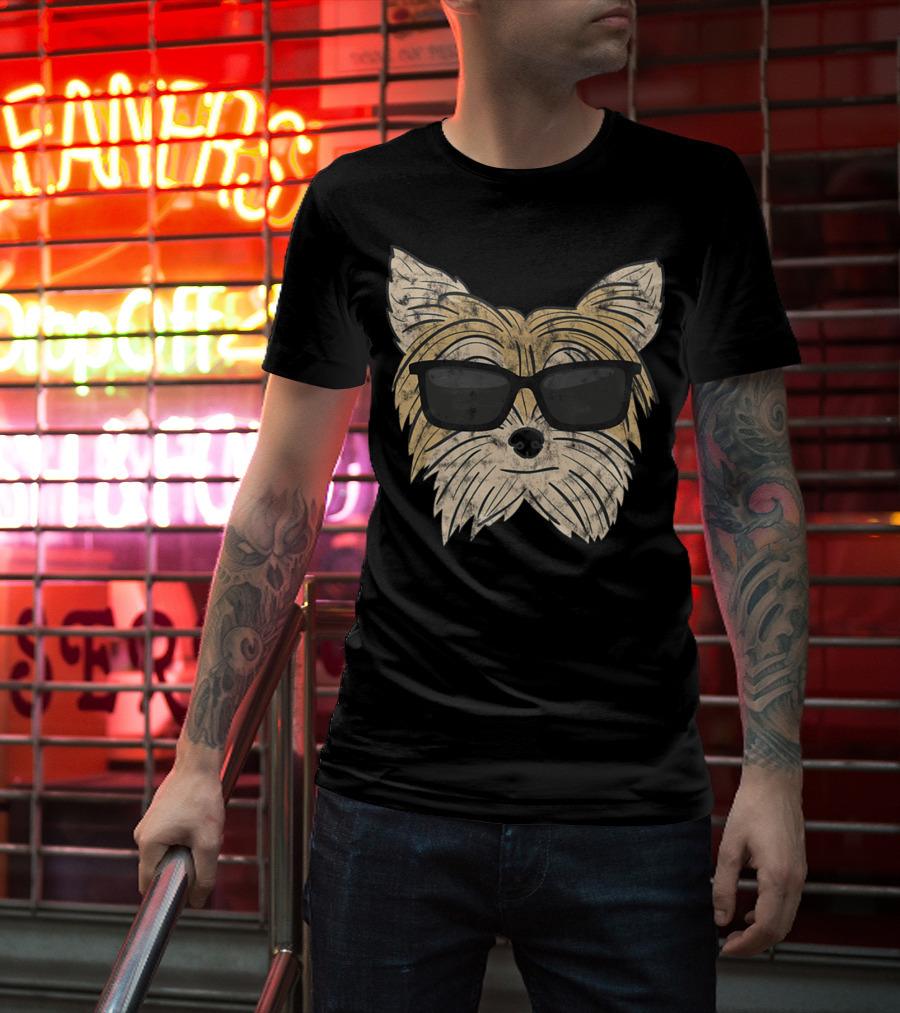Cool Yorkie Sunglasses Yorkie Poo Dog Face With Shades T-Shirt