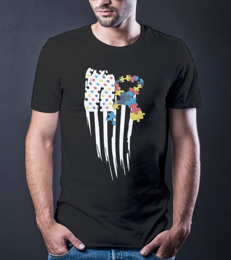 Autism Awareness Month Stars And Stripes Puzzle Ribbon Flag T-Shirt